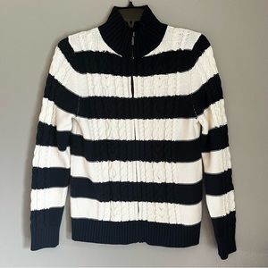 LL Bean Women PS Thick Chunky Cable Knit Sweater‎ Zip Blue White Nautical stripe